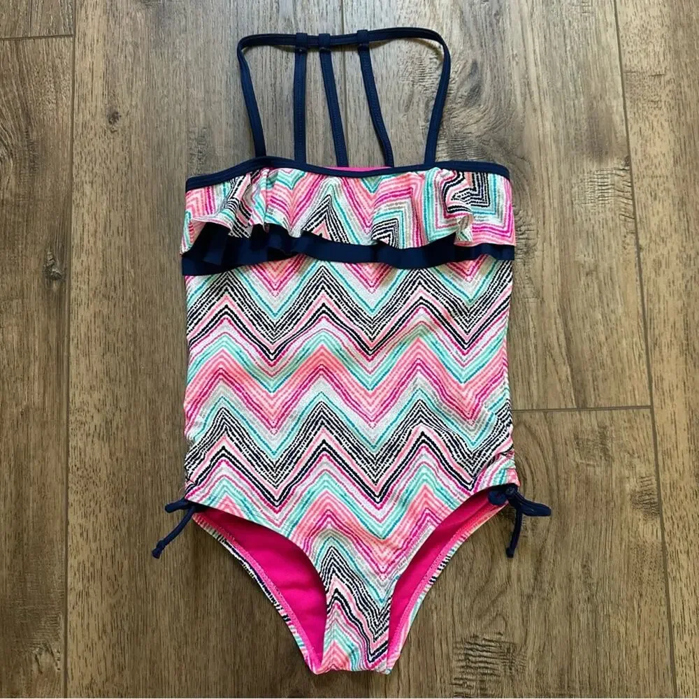 Limited Too Girl’s One Piece Swimsuit,‎ Striped, Ruffles, Strappy, S (7/8)